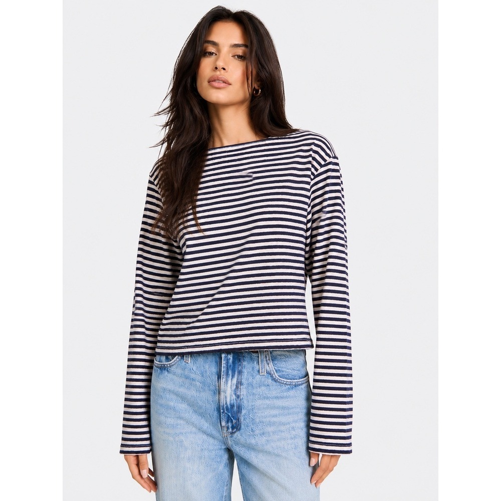 MOTHER The Skipper Bell Striped Crop Top Navy Beige Long Bell Sleeve Boat Neck M